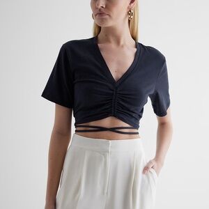 Express V-Neck Ruched Strappy Tie Cropped Tee - Navy Blue M